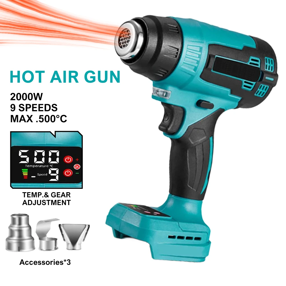 Cordless Heat Gun 2000W Electric Hot Air Gun For Makita 18V Lithium Battery High & Low Temperature and Overload Protection