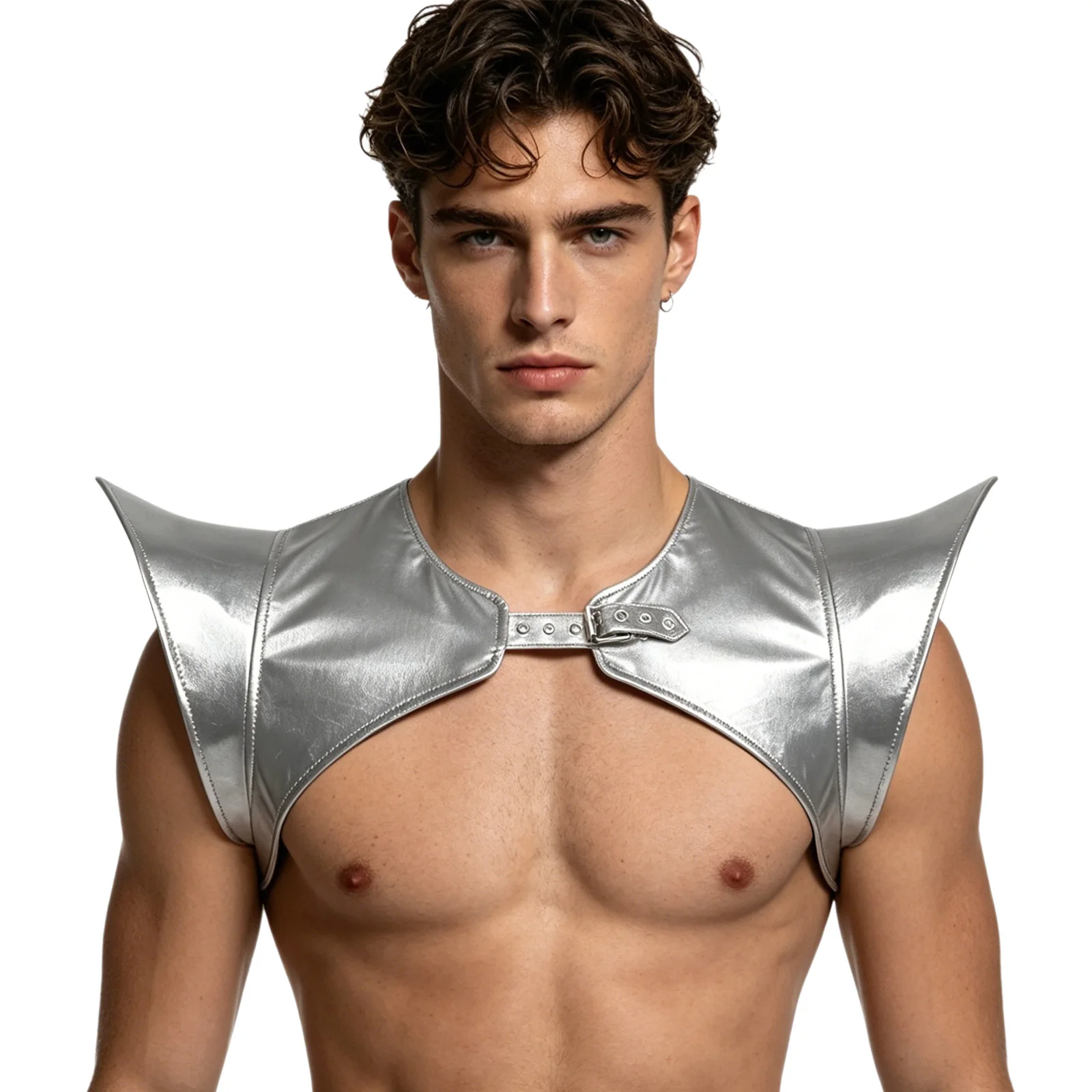 Mens Holographic Iridescent Shoulder Armor Corset Tops Rave Clubwear Costume Structured Fly Sleeve Open Front Buckle Crop Tops