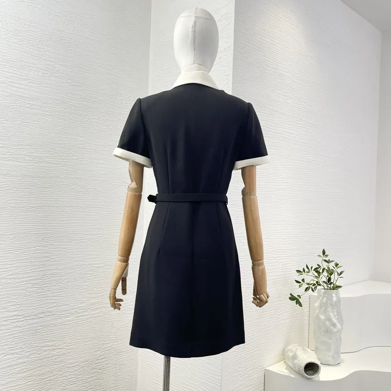 Black short sleeve 2024 new classic belted top quality slim fit commuter style Women mini dress