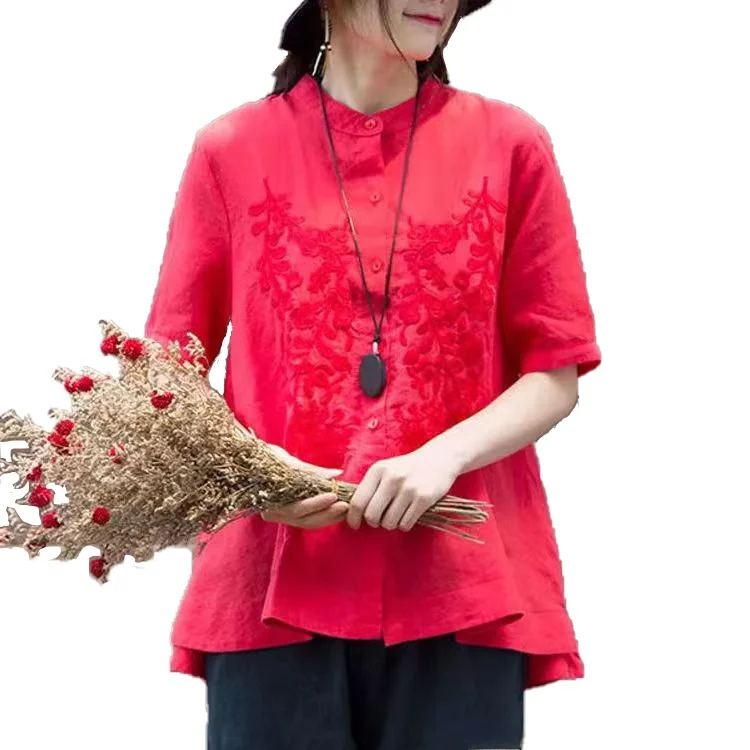 순면 자수 루즈핏 스탠드 칼라 예술적 스타일 여성 루즈핏 캐주얼 탑 린넨 같은 소재