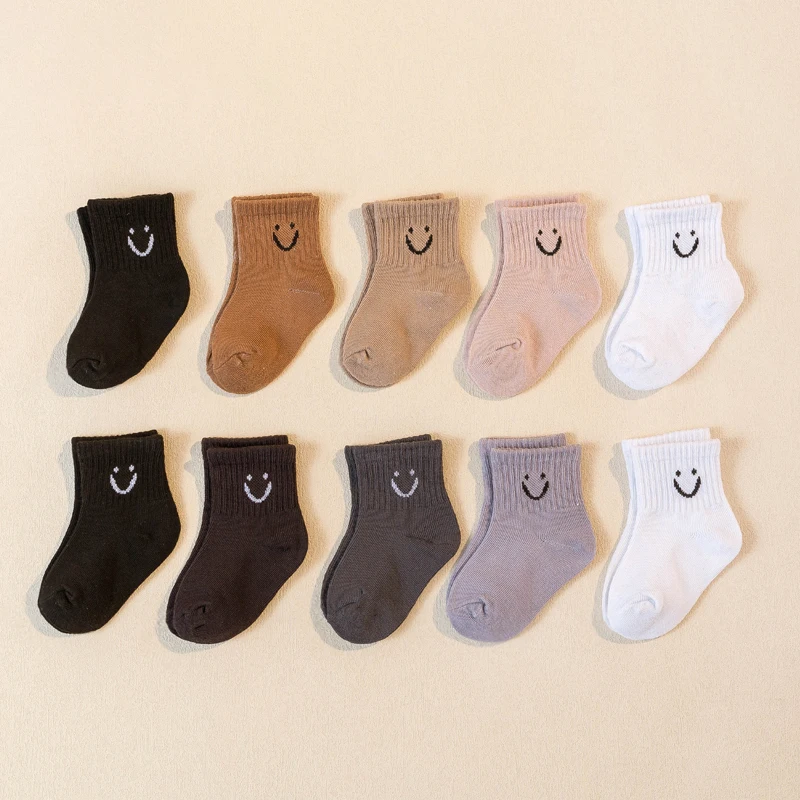 10 Pairs Cartoon Smile Pattern Baby Socks, Versatile Daily Kid's Socks, Boys' Socks, Girls' Socks