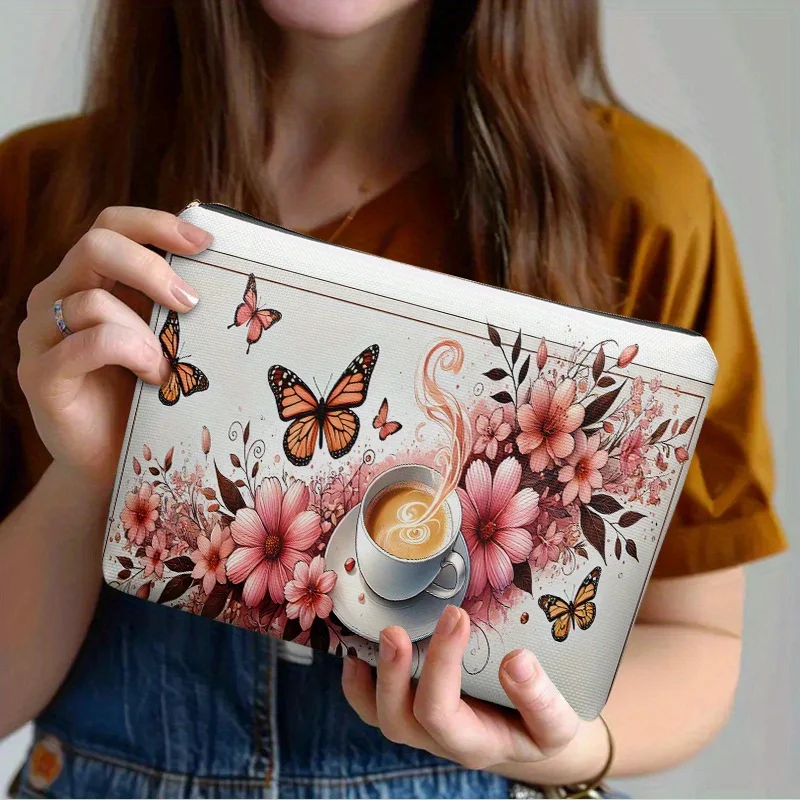 Bolsa de maquillaje con diseño de mariposa y flor de café, bolsa multifuncional con cremallera, bolsa de almacenamiento de joyas, bolsa pequeña con cremallera de viaje perfecta
