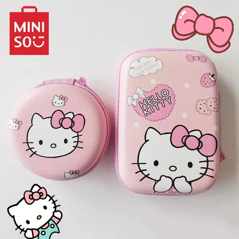 Hello Kitty Charger Cable Storage Bag Sanrio Cartoon Miniso Square Round Earphone Phone Data Line USB Storage Box Protector Case