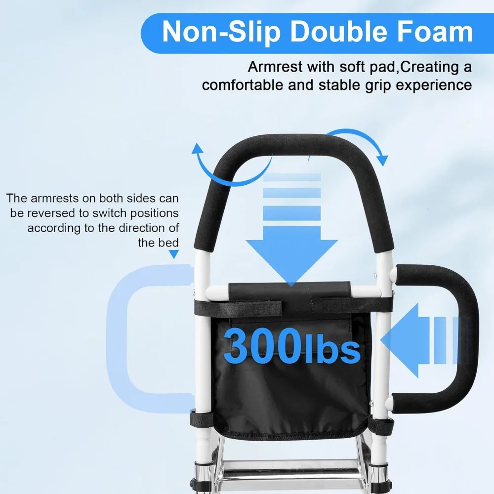 حاجز أمان لسرير المسنين مع قضبان إمساك مزدوجة، وواقي من السقوط وجيب تخزين، يناسب جميع الأسرة القياسية، ويدعم 300 رطل