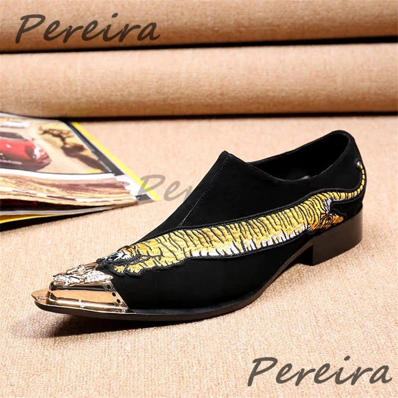 Tiger Embroidered Black Suede Men's Shoes Metal Pointed Toe Slip-On Low Heel Loafers Handmade Genuine Leather Party Dress Shoes