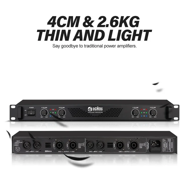 4-Channel DJ Power Amplifier 1U Lightweight Karaoke Suitable Small Stage Performance 8 Ohm 100W 4 Ohm 200W