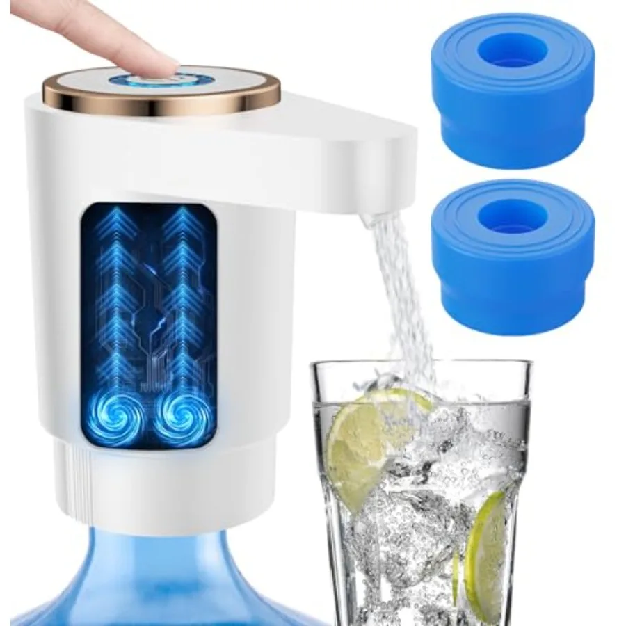 Water Jug Pump White, Dual Powerful Motors, 2 Reusable Food Grade Silicone Caps, Leak-Proof Lids for 3 and 5 Gallon Water Bottl