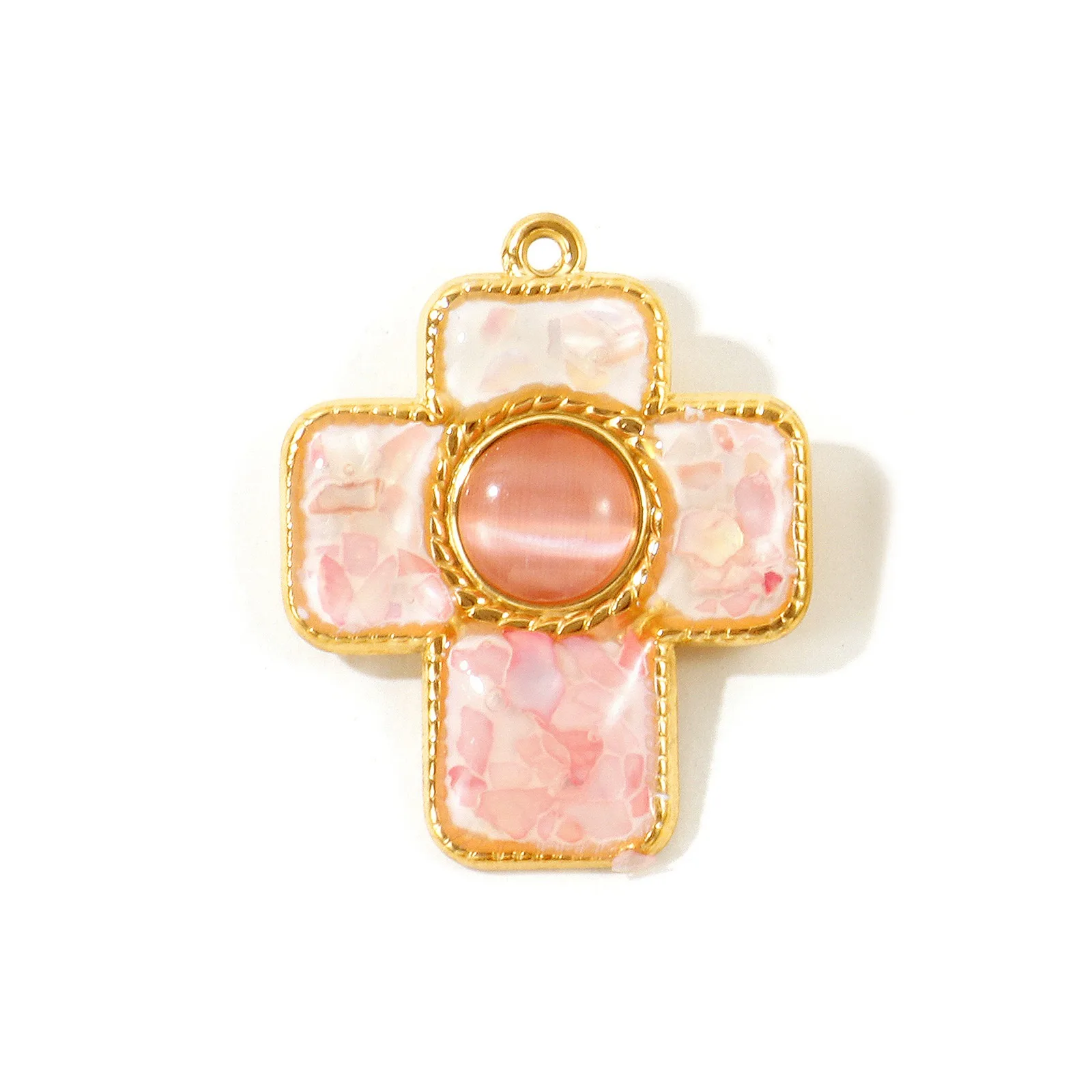 1 Stück Mehrfarbiger Naturmuschel-Anhänger 18K Vergoldetes Kreuz Synthetisches Katzenauge Charms für DIY Halskette Schmuckherstellung Großhandel – Detail 8