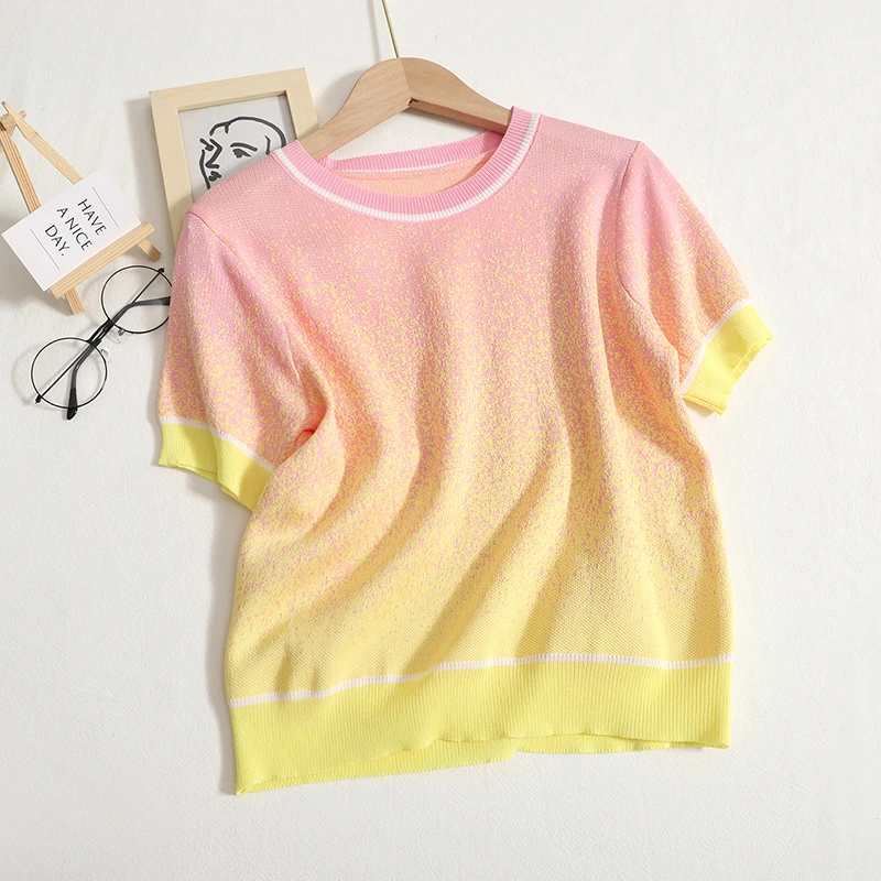 2024 Summer Casual T-shirt Top Gradient Round Neck Loose Short Sleeve Knit Sweater Ropa De Mujer Graphic T Shirts Y2k Crop