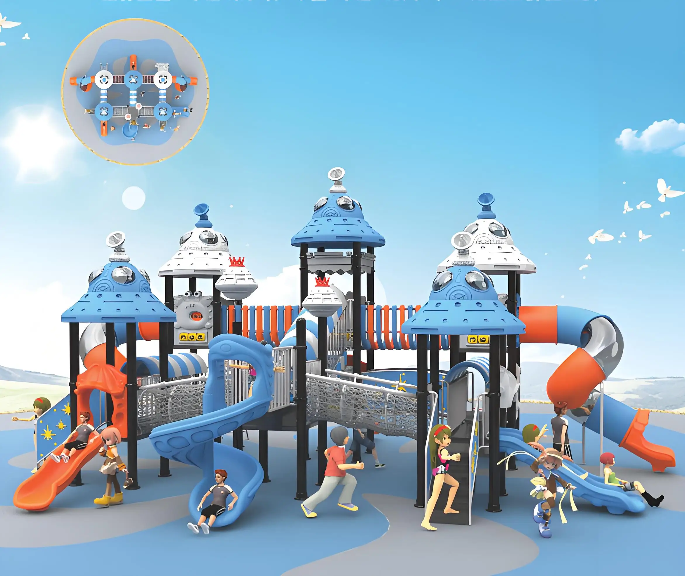 2027  Large Outdoor Amusement Equipment Kids Metal Plastic Slides Playhouse Backyard Climbing Swing Stair Slides Kids Park Amuse