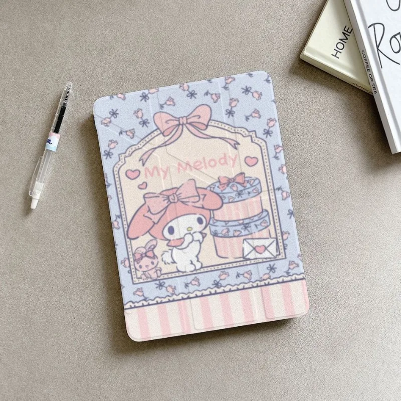 

My Melody Light Blue Floral Bow IPad Case for IPad Air7 Air6 13/12.9in Pro 11 A16 10th 9th 10.2 Trifold Acrylic Shockproof Case