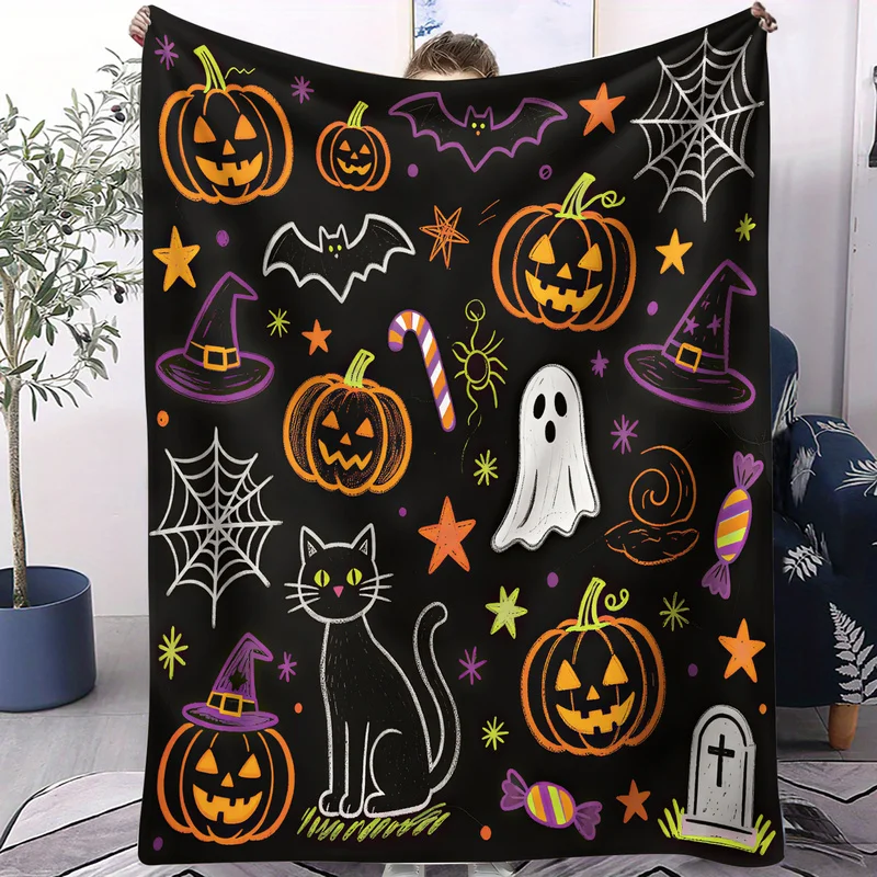 Cute Halloween Flannel Blanket Cartoon Ghost Black Cat Pumpkin Tombstone Print Throw Blankets Kawaii Sofa Bed Decor Holiday Gift