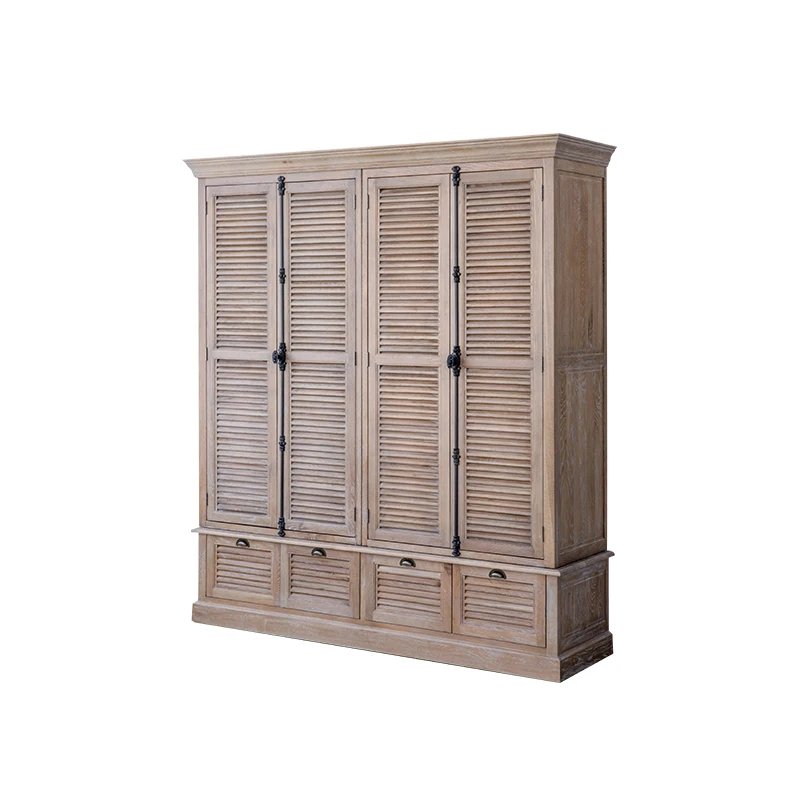 

Старый американский кантри, европейский шкаф из цельного дерева, дубовый жалюзи, шкаф для спальни, четырехдверный шкаф, противоположная дверь