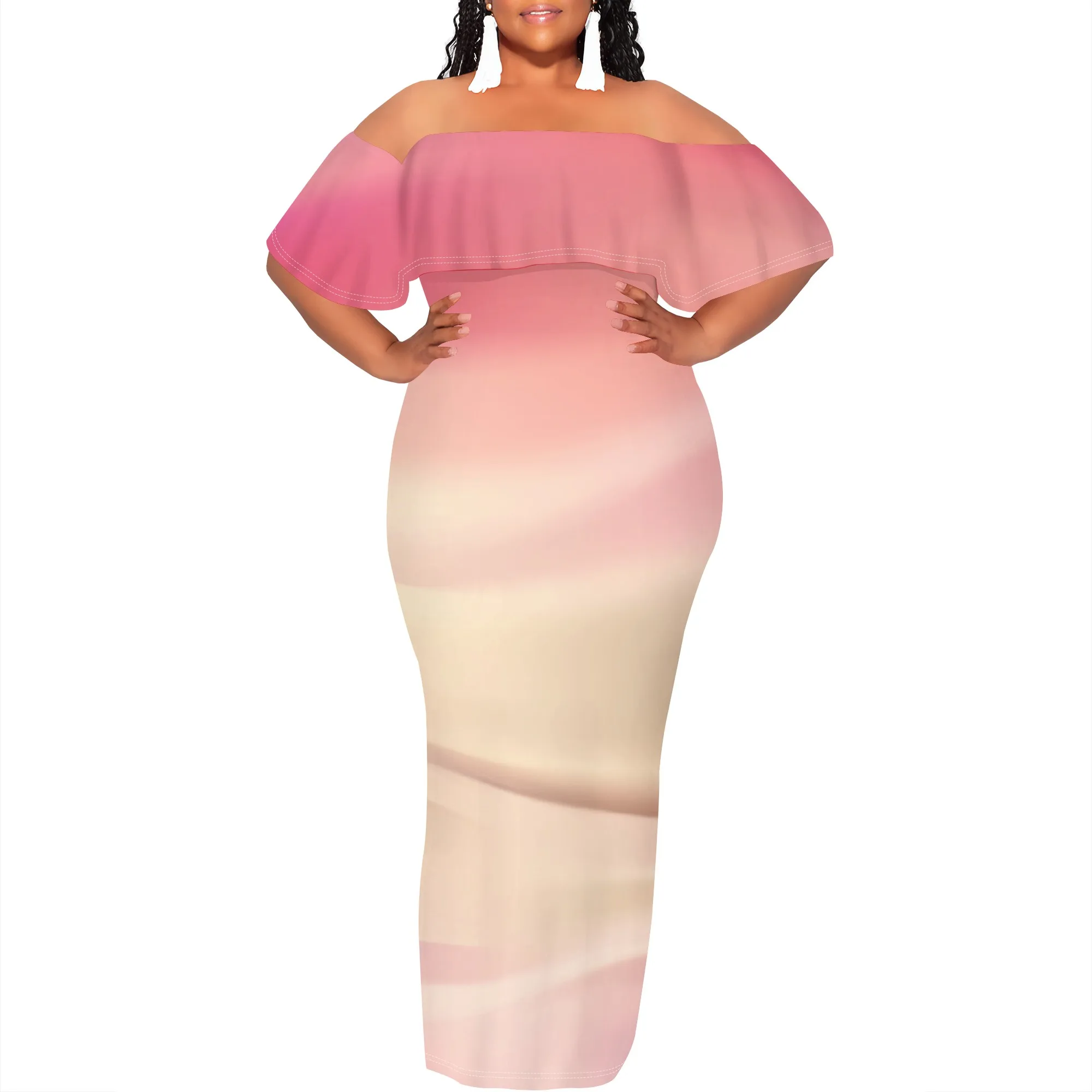 Nupusa Schulterfreies Maxikleid mit Farbverlauf für Damen, elegantes Sommer-Bodycon-langes Kleid, schmale Passform, Party, Clubwear