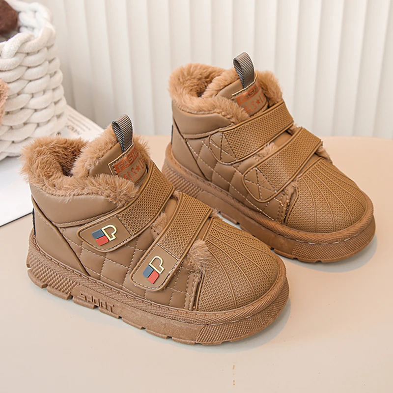 

Зимние плюшевые ботинки для детей, непромокаемые детские зимние ботинки из искусственной кожи для подростков, толстые теплые теплые ботинки для мальчиков и девочек, хлопковая обувь