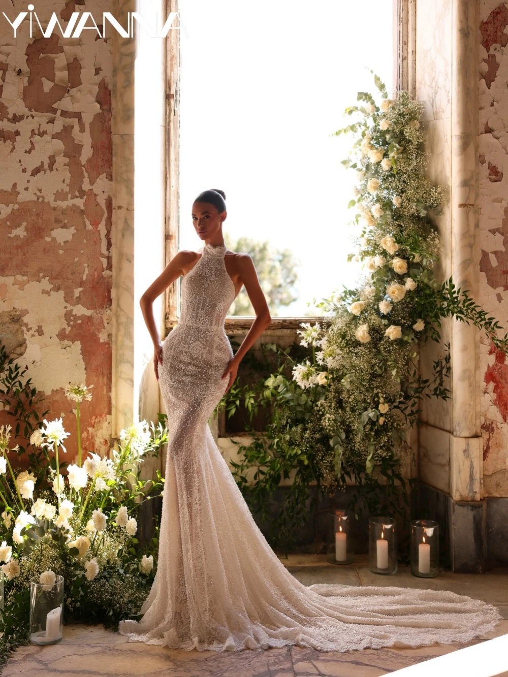 

Sparkling Beaded Lace Mermaid Long Wedding Dress Sexy Halter Backless Bridal Gown New Customized Exquisite Dresses For Bride