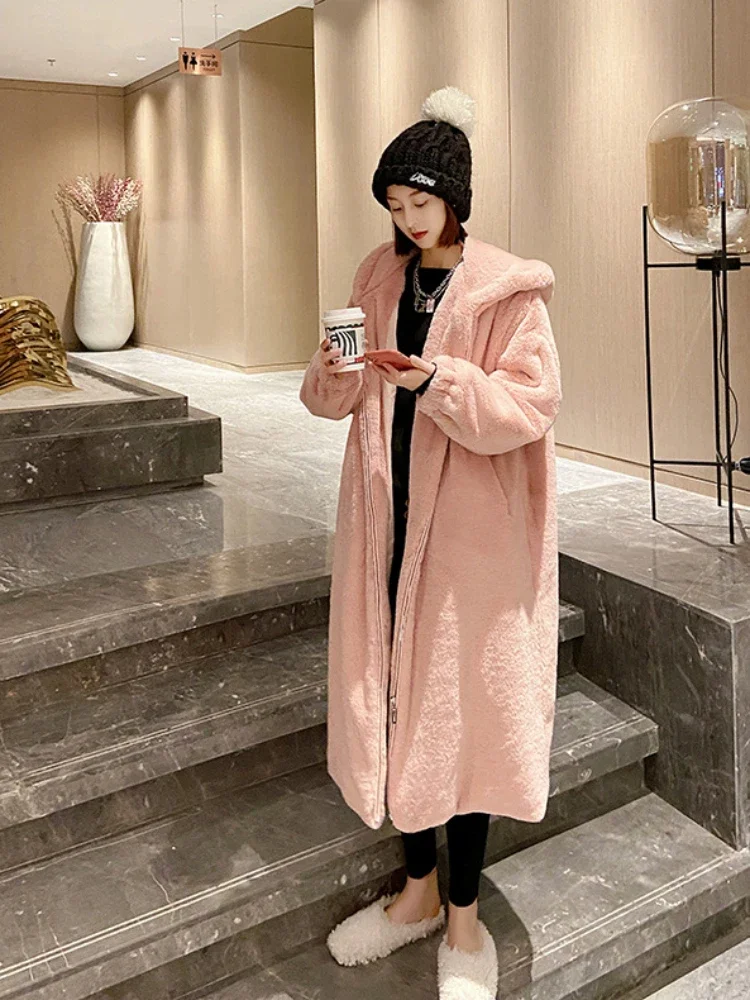 Giacca da donna in pelliccia sintetica spessa con cappuccio rosa autunno inverno maxi cappotto lungo caldo cintura di lusso pelliccia nera Parka Bontjas capispalla peloso