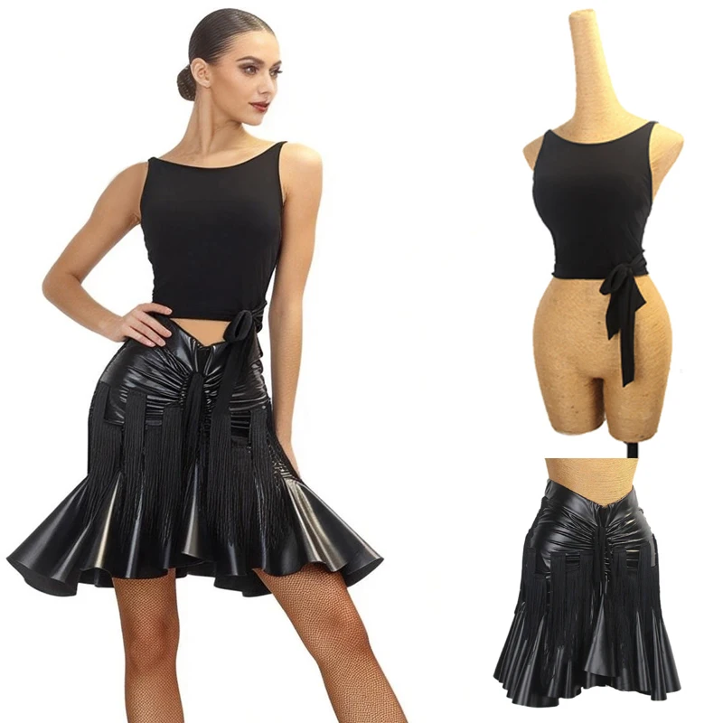 

New Gross Balck Latin Top Leather Skirts Women Chacha Latin Dance Costumes Adults Samba Salsa Latin Dance Clothing SL14938
