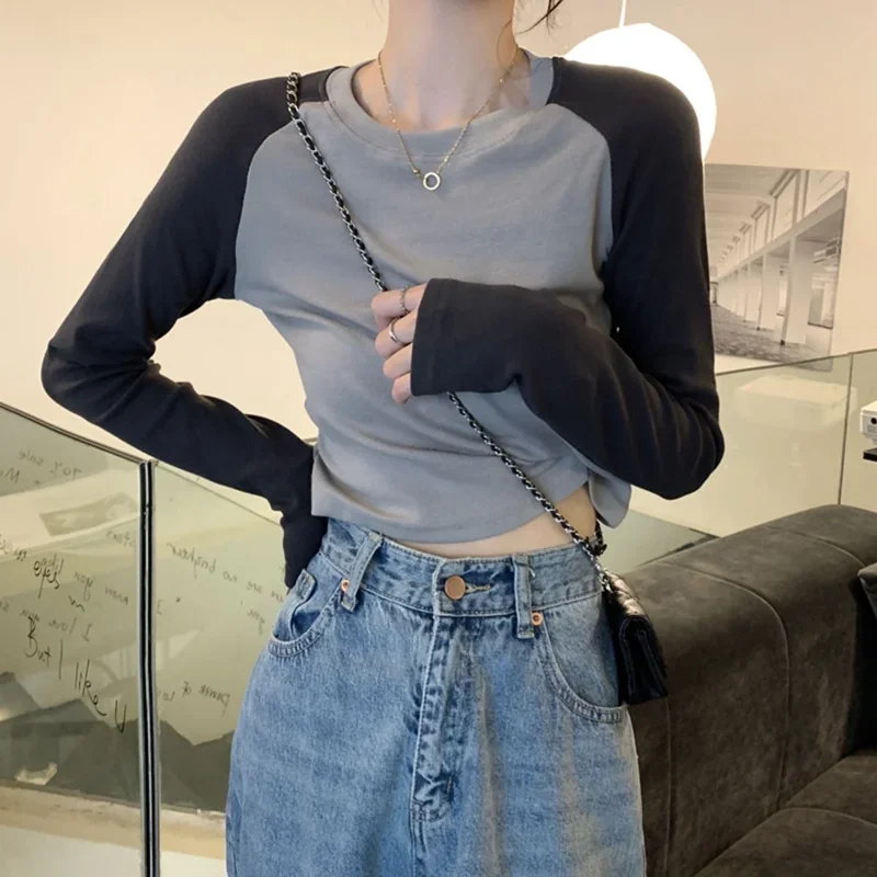 T-shirts Women Panelled Autumn Fashion Ulzzang Patchwork Slim Ins Popular Retro Inside Casual Streetwear Soft Harajuku All-match
