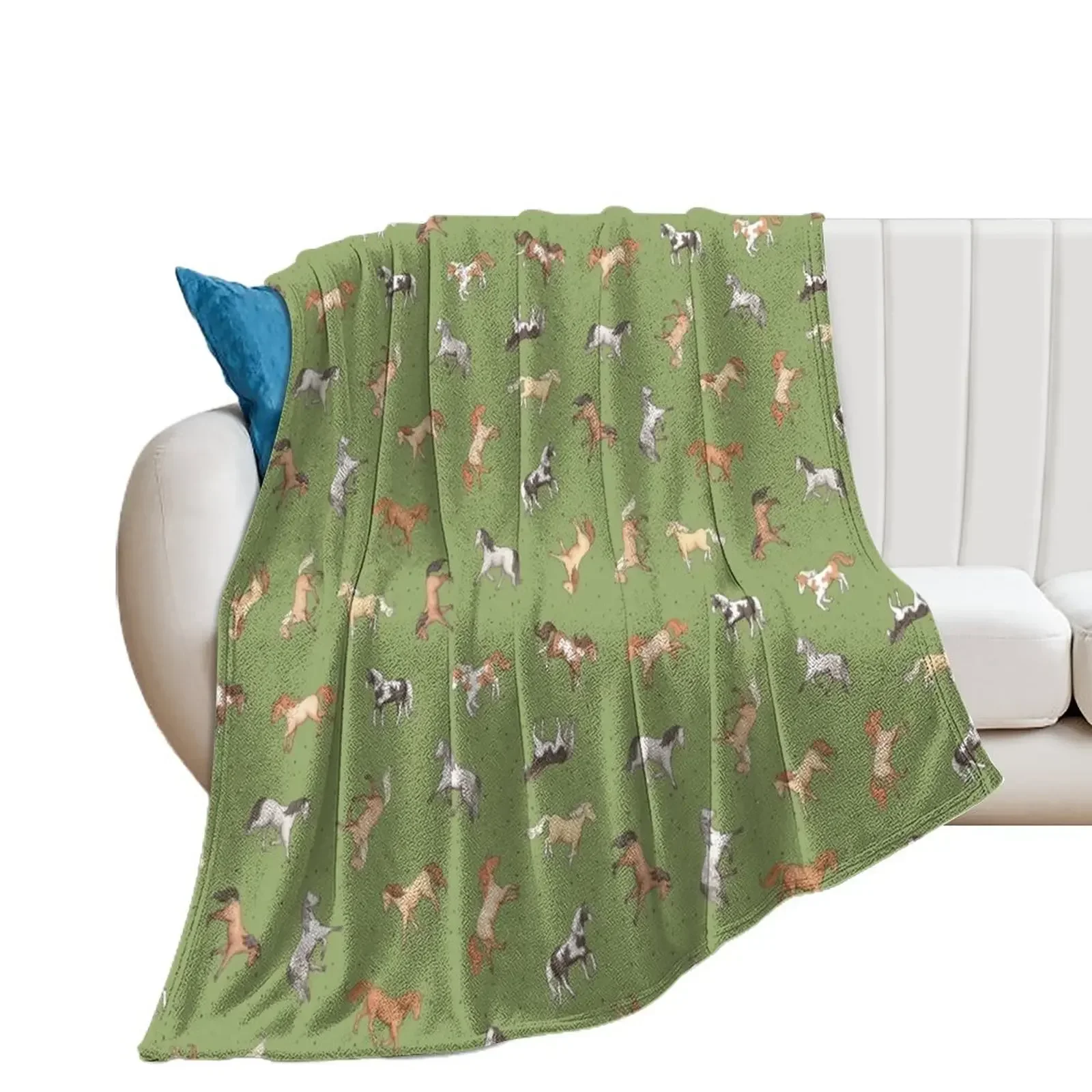 Scattered Horses spotty on olive green pattern Throw Blanket Cute Plaid Beach Warm Thin Blankets