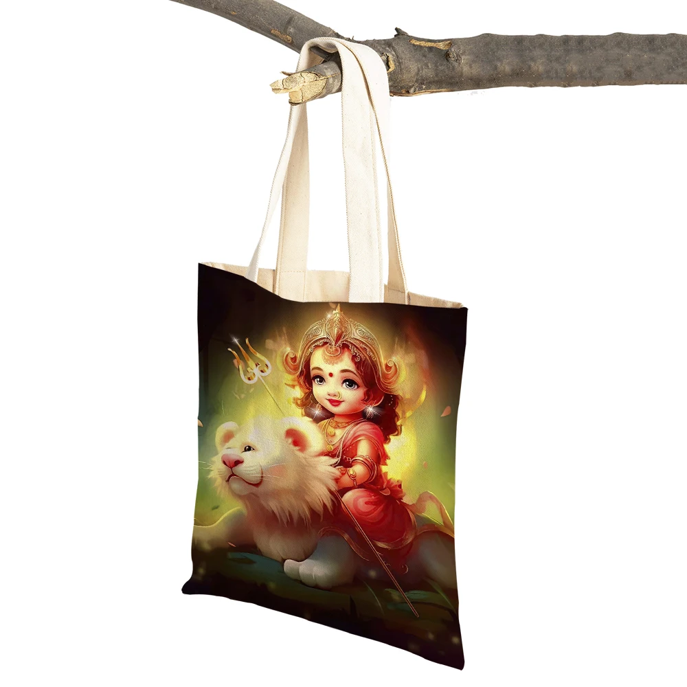 Cute Cartoon Shiva Ganesha Casual Women Shopping Bag Both Sides Indian Mythology Canvas Girl Travel Tote Handbags Shopper Bags