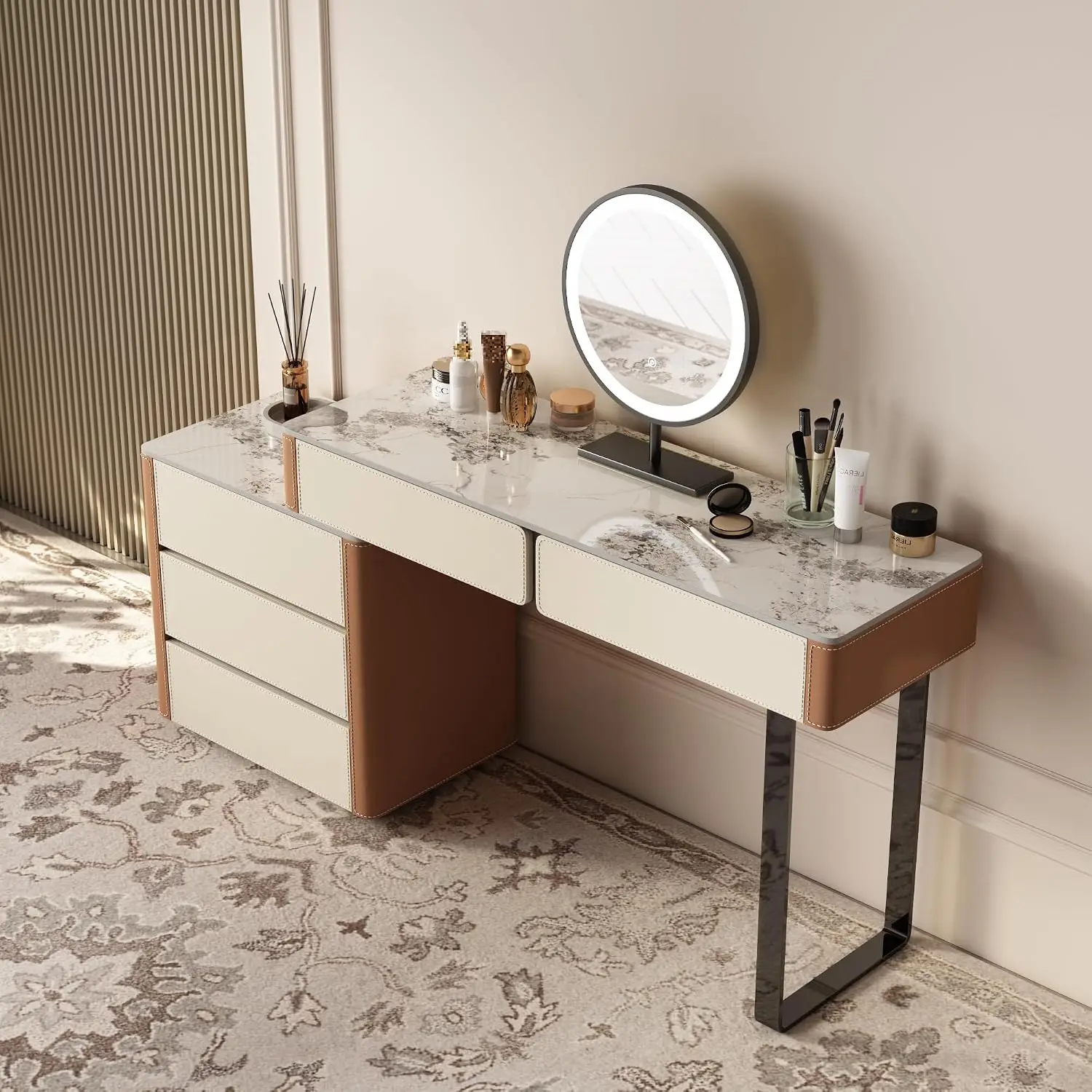 Faux Leather Makeup Vanity Desk Set with LED Lighted Mirror Luxury Dressing Makeup Table with Storage Drawers & Vanity Stool, Va