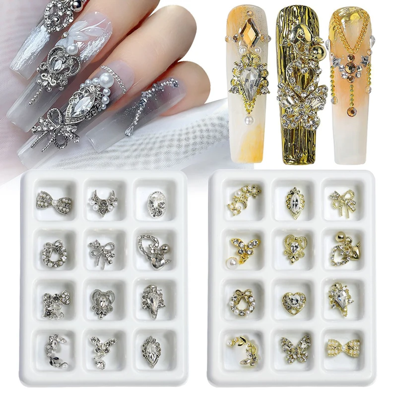 

12 Pieces/Grid Nail Art Charm 3D Golden/ Silver Alloy Color Diamond Crystal Pearl Nail Ribbon Bows Decor Luxury Nail Jewelry