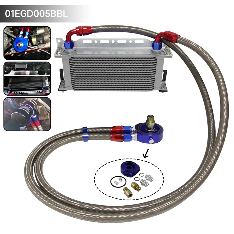 16 Row 248mm AN10 Universal Engine Transmission Oil Cooler w/Bracket + Aluminum Filter Hose End Kit Blue/Black