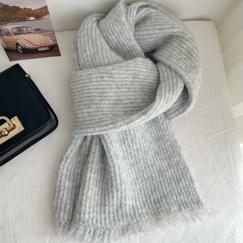 

Tassel Japanese Gray Knitted Scarf Autumn Winter Thickened Warm Solid Color Unisex Couple Fashion Trend