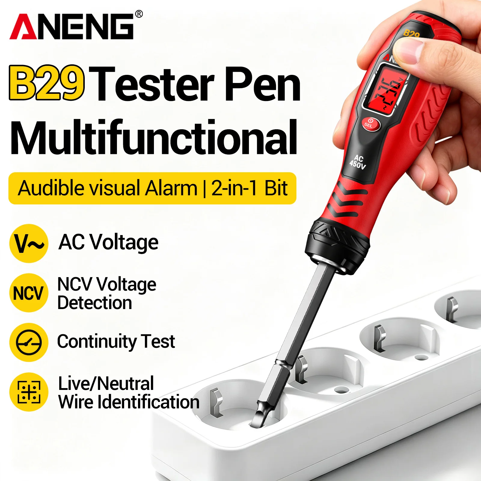 ANENG B29 Digital Voltage Test Screwdriver Dual Color Display Low Battery Alert Phillips Slotted Tip Household Circuit Detector