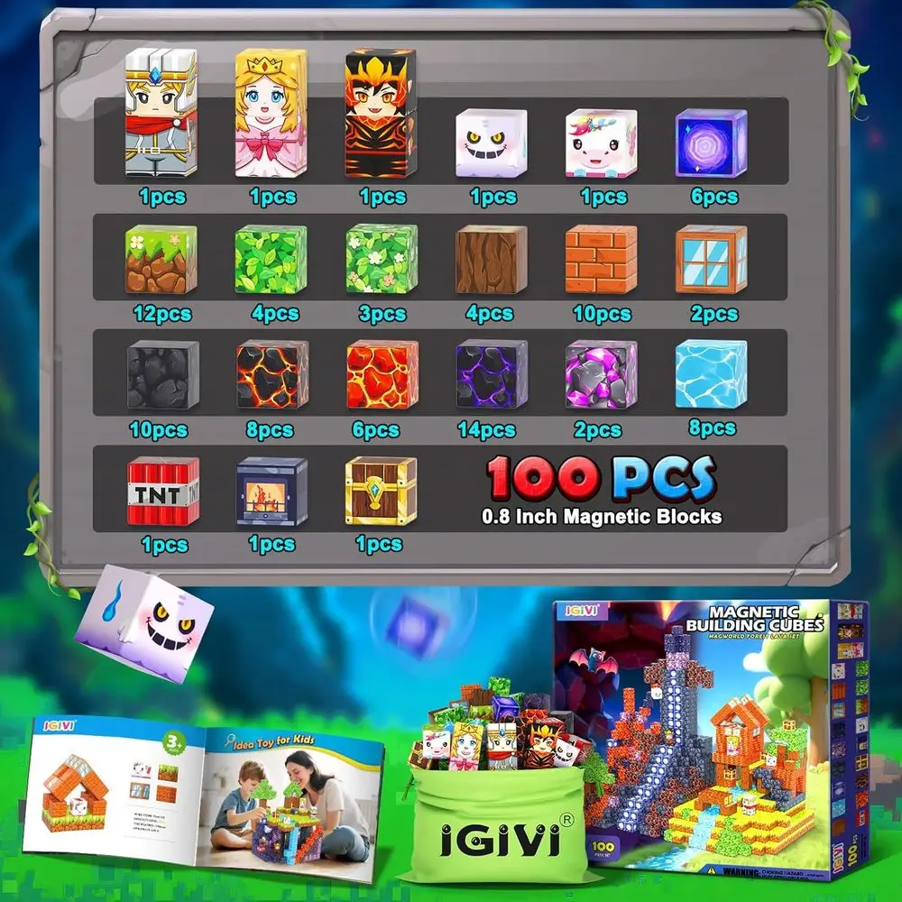 STEM 3D 자석 블록 - 마그월드 숲 용암 세트 (4세 이상 어린이용), 유아용 감각 장난감, 완벽한 생일 선물