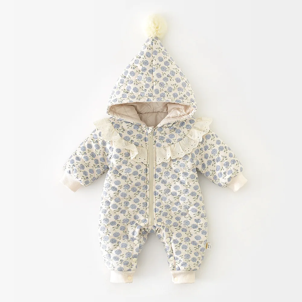 2025 شتاء جديد طفل طويل الأكمام مقنعين رومبير زائد المخملية سميكة الرضع فتاة القطن وسادة مبطنة طفل الصوف بذلة دافئة