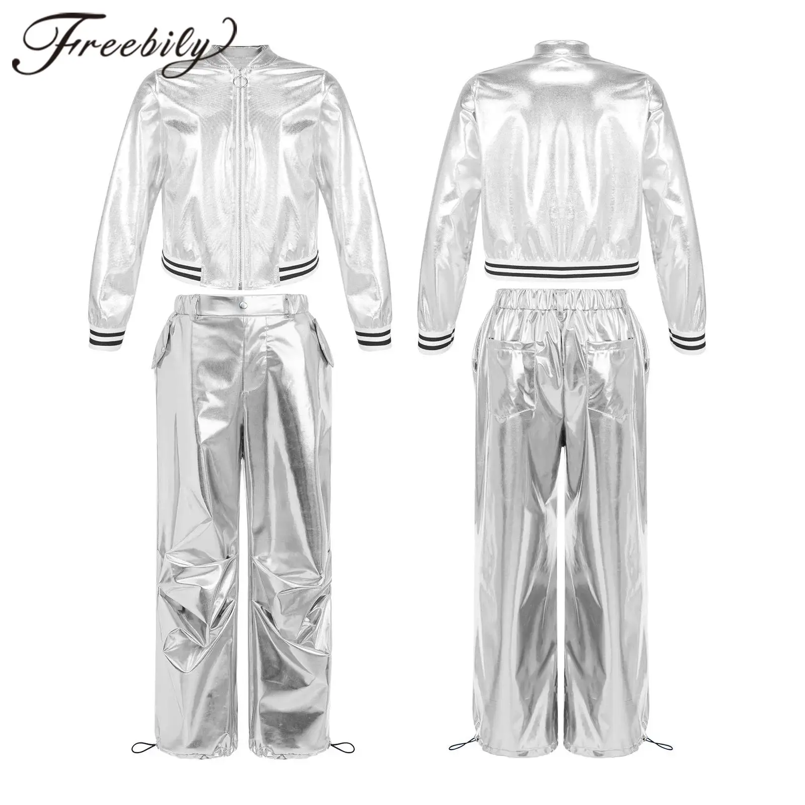 

Children Jazz Dance Metallic Outfit Stage Performance Clothing Sets Disco Street Dancewear Kids Girls Hip-Hop Jacket with Pants