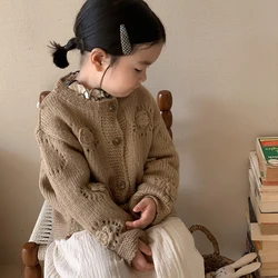 Children's Sweater For Girls Knitted Top 2023 Autumn New Fashion Kids Outfit Korean Baby Girls' 3D Flower Cardigan Coat