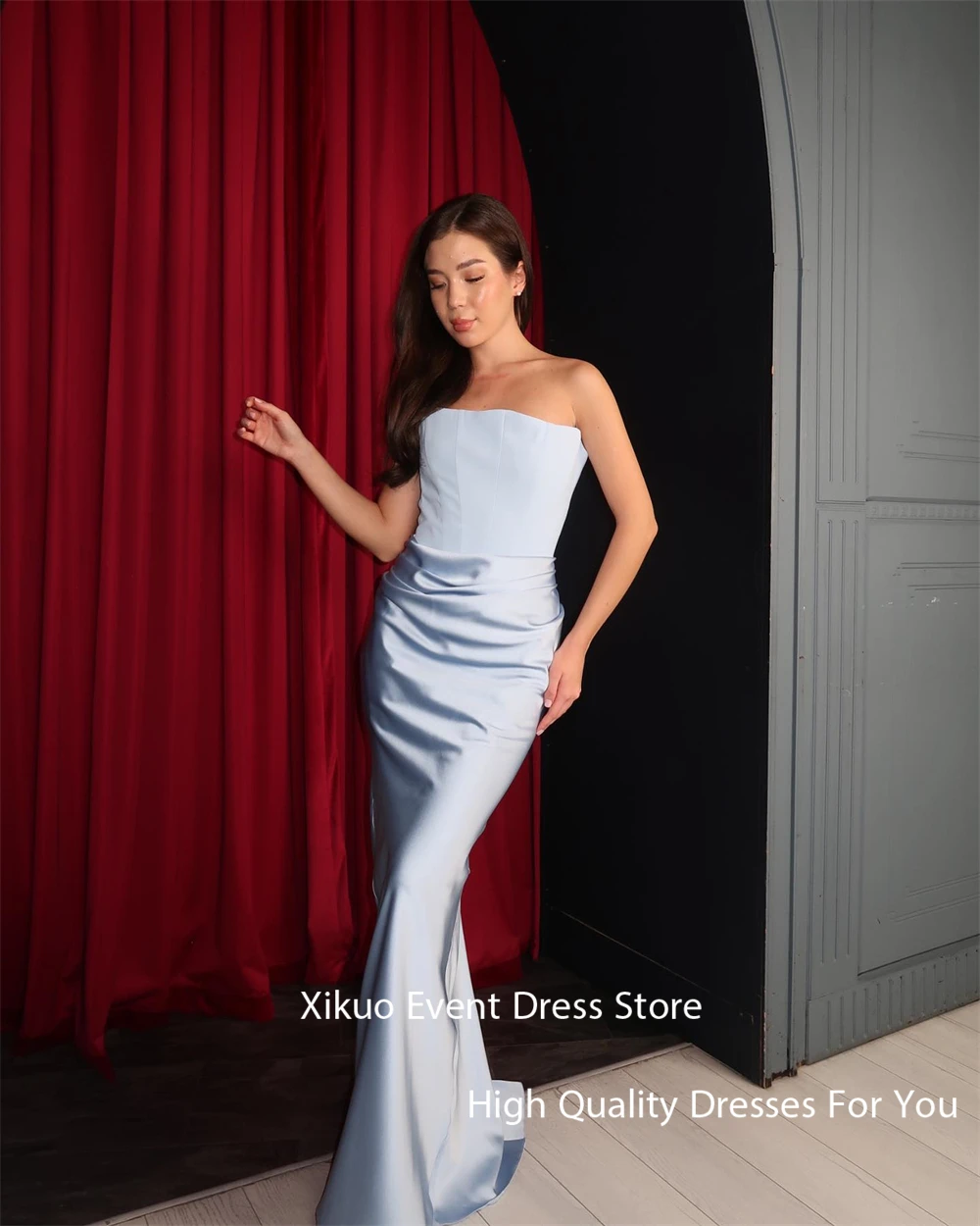 Xikuo moderno azul cetim feminino vestidos de noite sem alças longos vestidos de fiesta elegante sereia vestidos de festa de baile personalizados