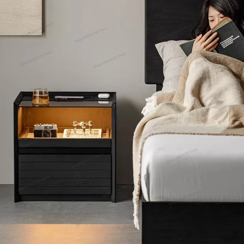 For Floating Bedside Table, Black Smart, Wireless Charging, Household Bedroom Bedside Solid Wood with Lamp Locker
