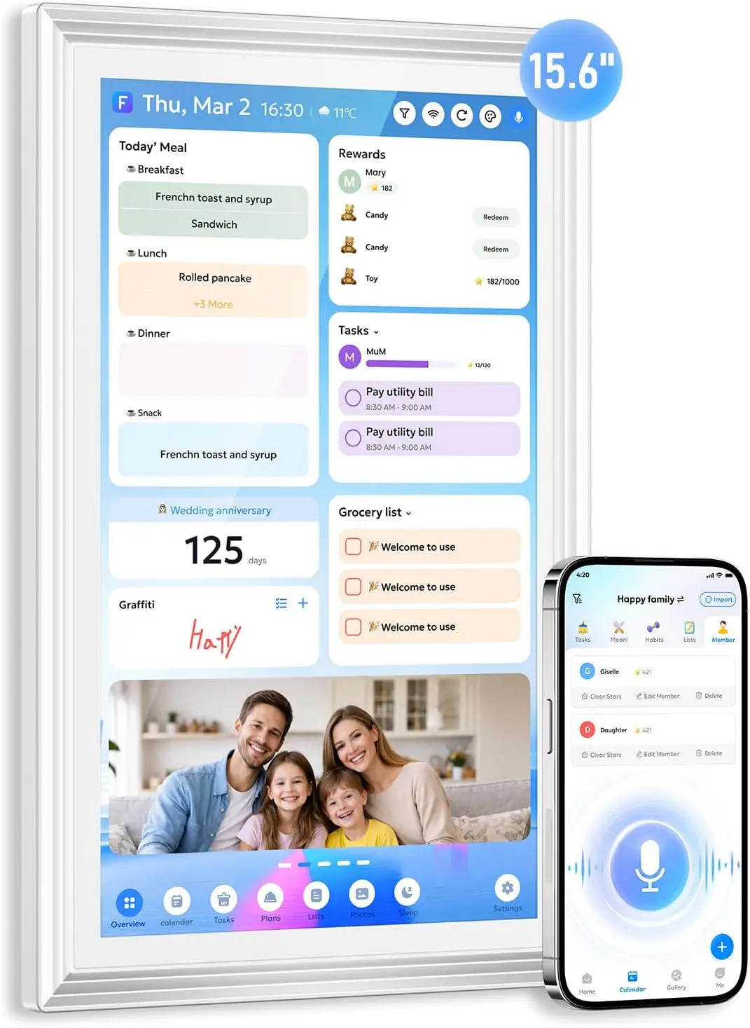 No-Fee 15.6" Smart Wall Calendar with Voice AI – Touch Screen, Family Sync, Chores, Schedules & Photo Frame, No Subscription