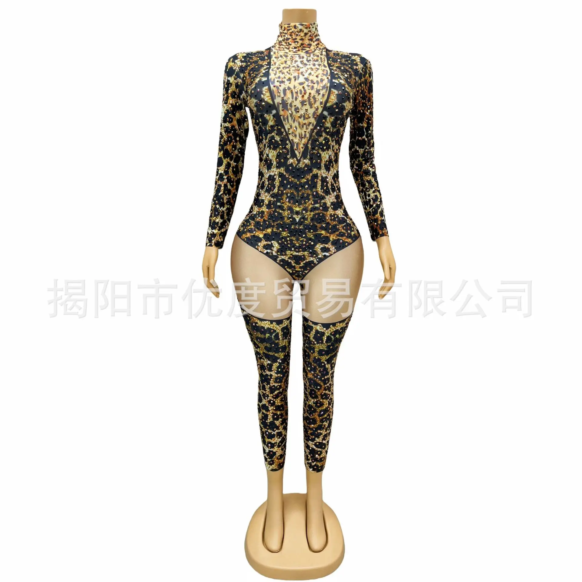 

Domineering Personality Rhinestone Sexy Mesh Jumpsuit Cocktail Night Party Performance Cheetah Elastane Version Vestido De Noche