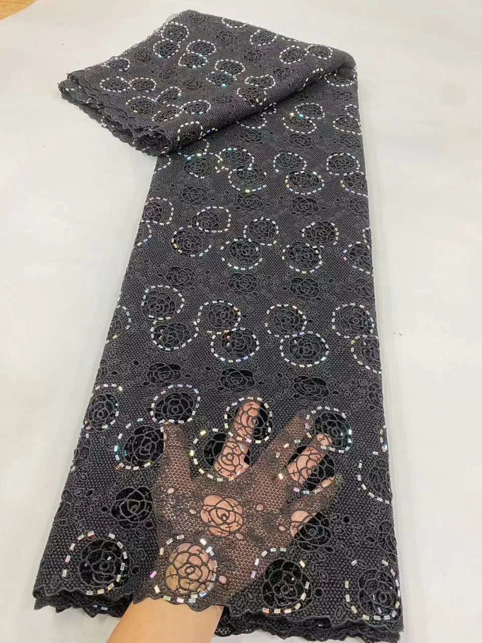 

High Quality African Embroidery Lace Fabric,Cotton,Fabrics For Sewing By Meter,Rhineston,Water Soluble,Wedding Dress,Tulle,5Yard