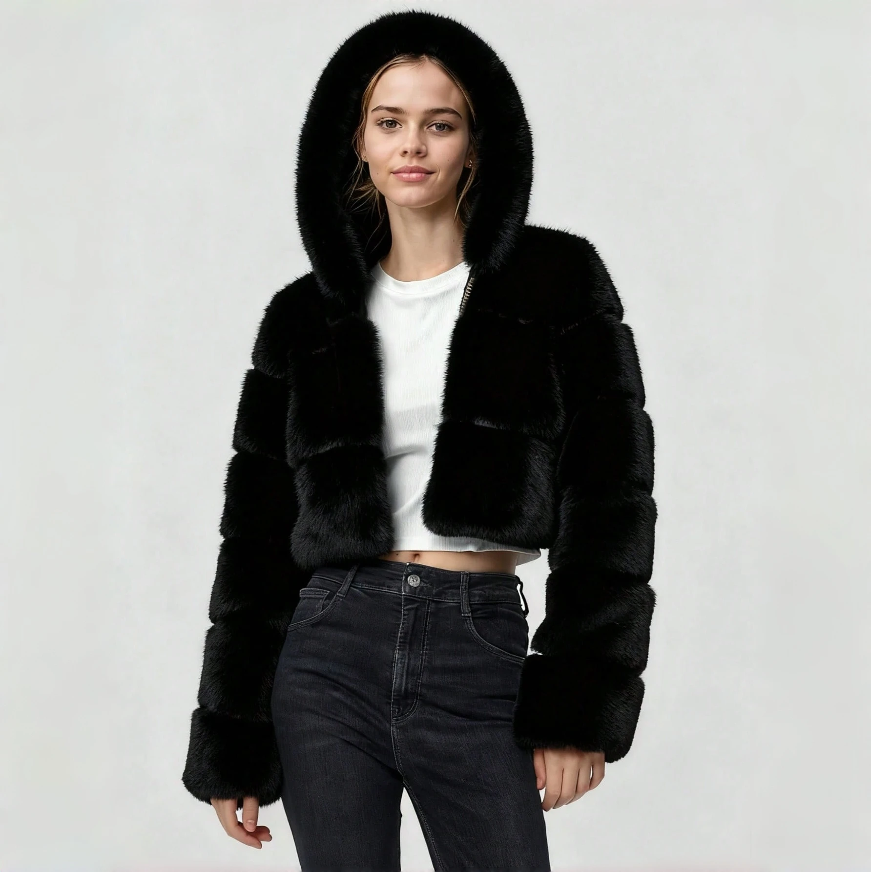 새로운 고품질 퍼 크롭 인조 모피 코트 및 재킷 여성용 푹신한 후드 겨울 모피 재킷 마뉴 팜므