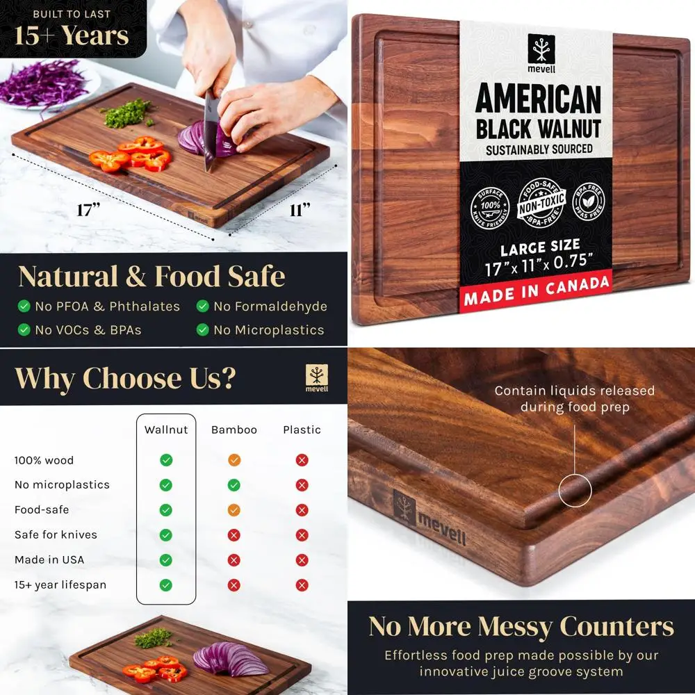 

Reversible Walnut Chopping Board with Juice Grooves - Charcuterie Serving Tray, Made in Canada (17x11x0.75)