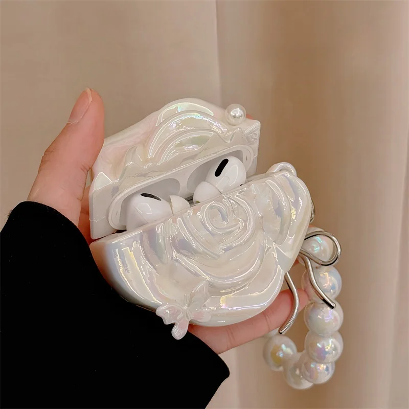 Pearl White Camellia Earphone Case For Apple Airpods 1 2 3 4 Pro 2022 Cover