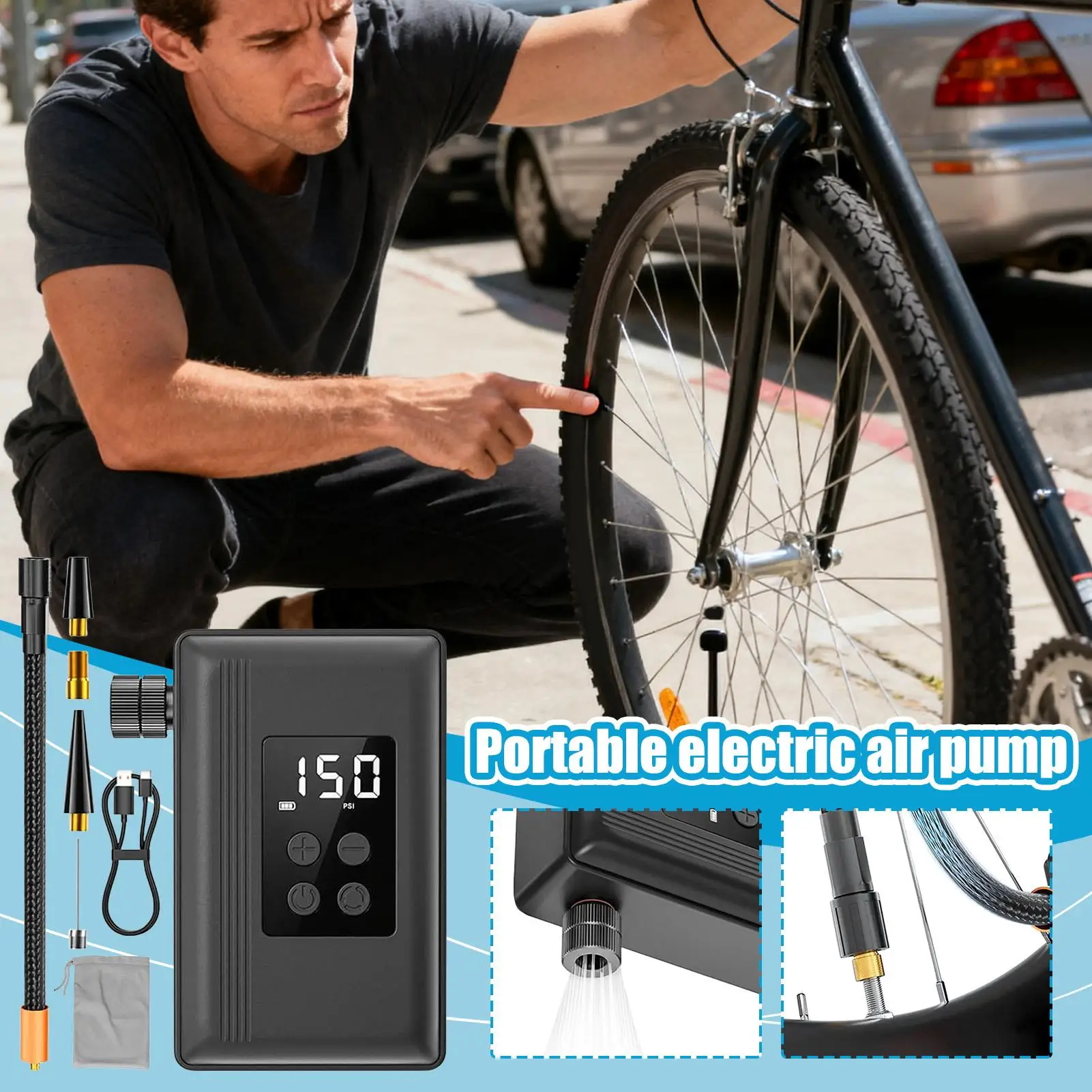مضخة محمولة قابلة لإعادة الشحن مع مقياس الضغط، مضخة هواء منفاخ الدراجة المحمولة لحمام السباحة على الطرق الجبلية لركوب الدراجات