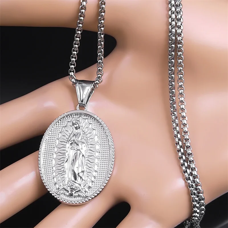 Catholic Virgin Mary Medal Necklace for Women Men Stainless Steel Silver Color Our Lady Holy Necklaces Jewelry collier NXH407S02