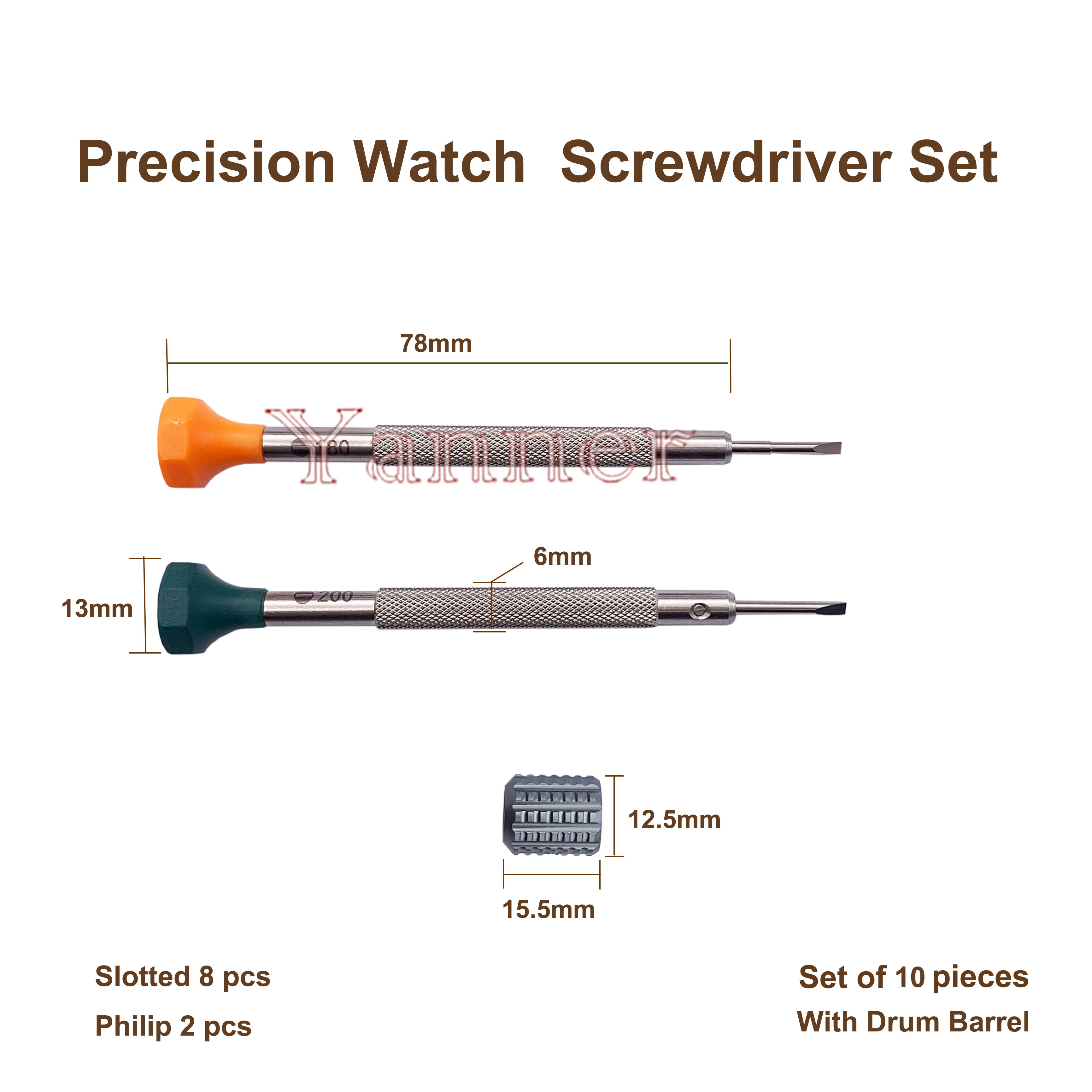 10Pcs Watch Repair Screwdriver Set, 0.6-2.0mm Flat Bits + 1.4/1.6mm Cross Bits, Storage Barrel Included for Watchmakers