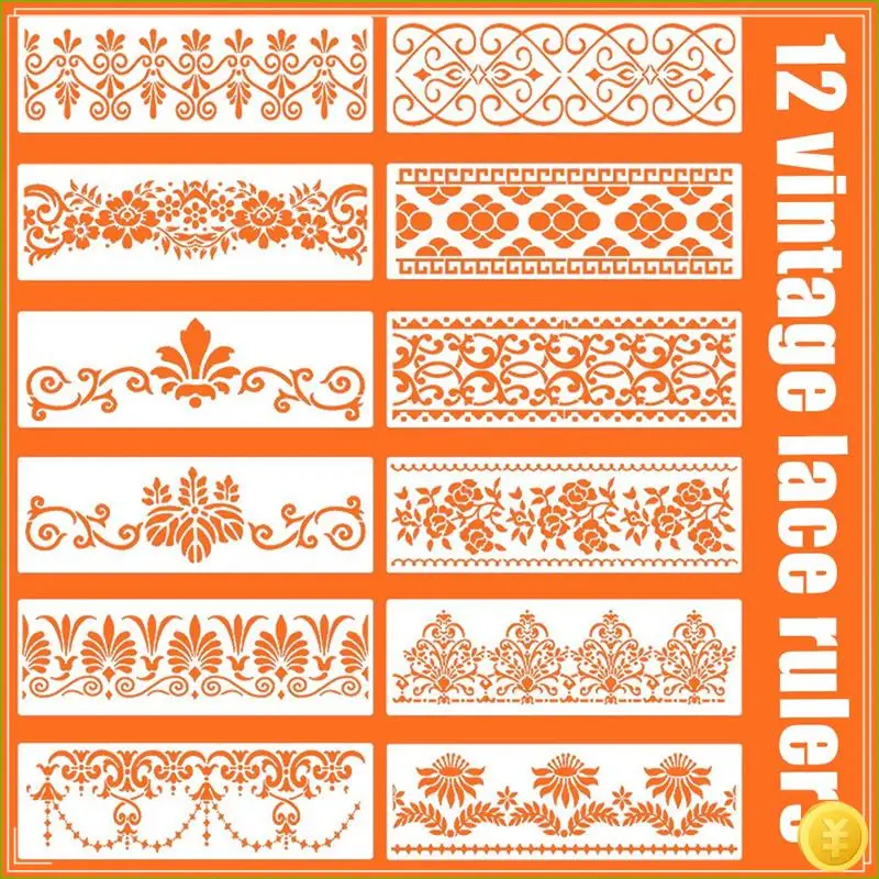 12Pcs Flower Border Stencils Mandala Stencils Reusable Cut Painting Templates For DIY Craft Stencils, 12 X 3.9 Inch