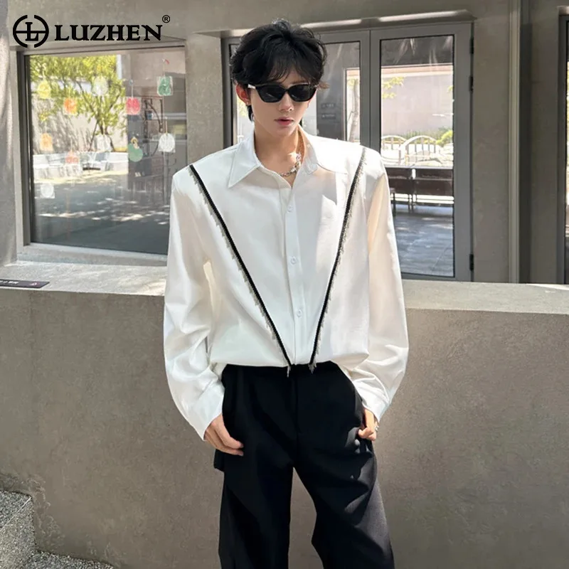 

LUZHEN Color Contrast Burr Patchwork Long Sleeve Shirts Men's Elegant Temperament 2025 Autumn Fashion Casual Male Clothes JY4126