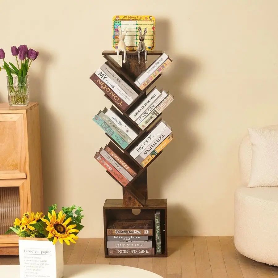 

7 Tier Tree Book shelf, Small Bookcase with Reading Planner and Activity Panel, Modern Floor Standing Corner Tall Narrow Storag