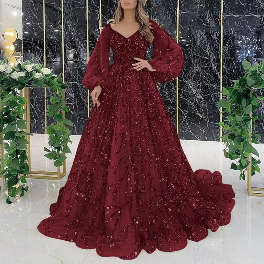 Women Evening Dress V Neck Lantern Sleeve Shiny Sequin A-line Floor Length Mesh Double-layered Cocktail Party Dress Prom Gown