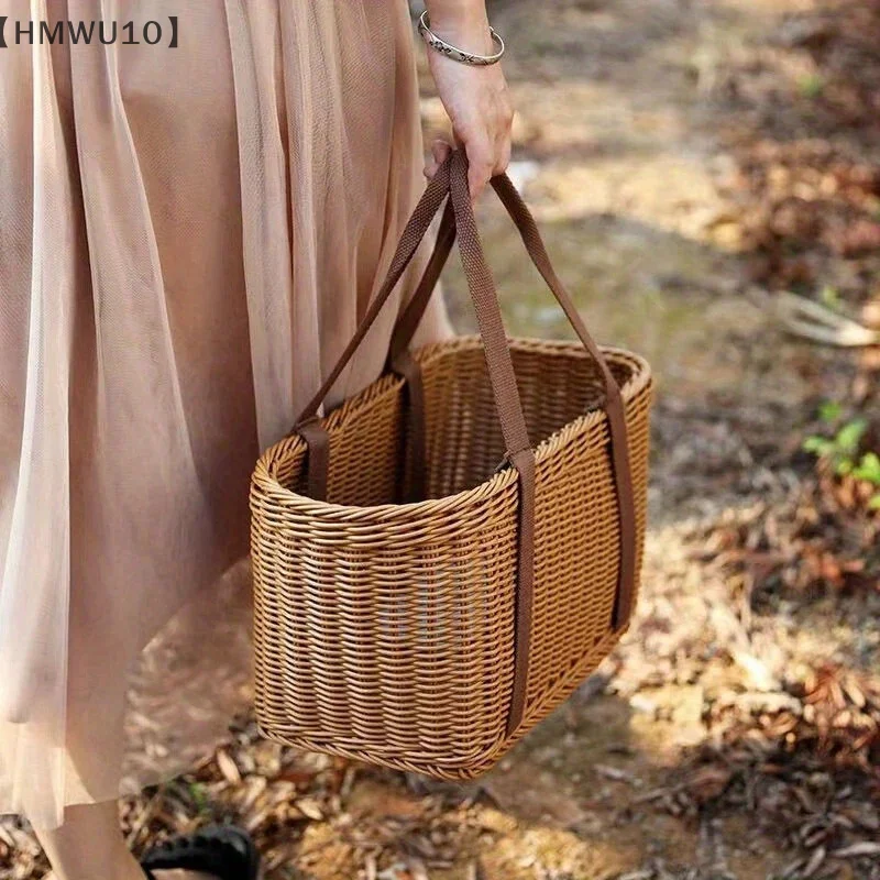 Hand Woven Picnic Basket Imitation Rattan Large Shopping Baskets Fruit Vegetable Storage Basket With Handle
